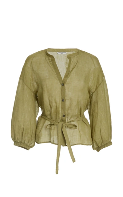 Shop Three Graces London Haddie Belted Ramie Blouse In Green