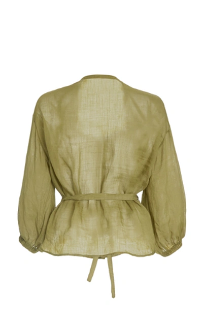 Shop Three Graces London Haddie Belted Ramie Blouse In Green