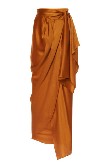 Shop Johanna Ortiz Cavorting Draped Silk-satin Wrap Midi Skirt In Orange