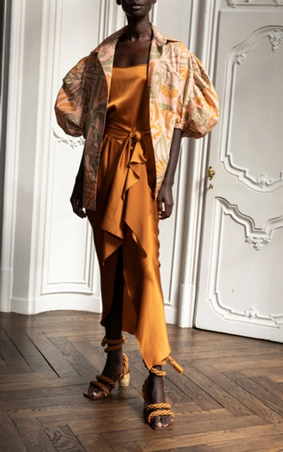 Shop Johanna Ortiz Cavorting Draped Silk-satin Wrap Midi Skirt In Orange