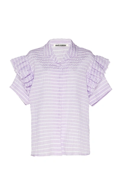 Shop Anais Jourden Ruffled Striped Lace And Poplin Top In Purple