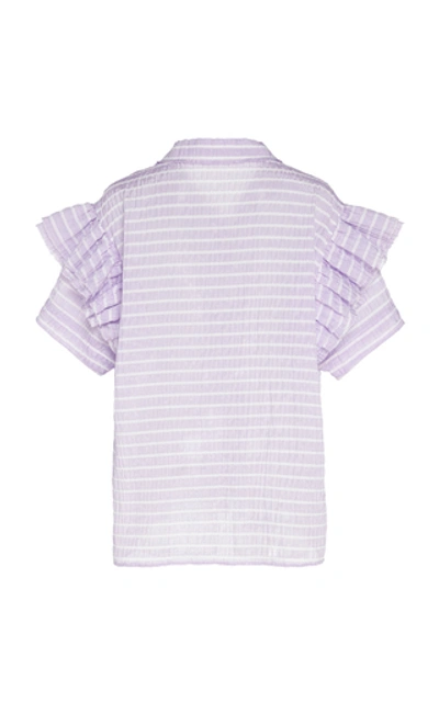 Shop Anais Jourden Ruffled Striped Lace And Poplin Top In Purple