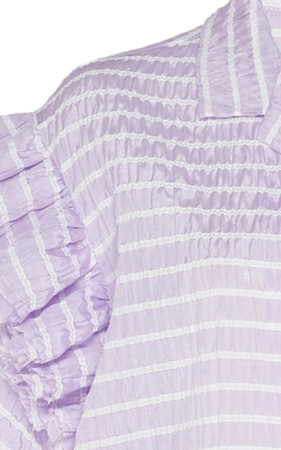 Shop Anais Jourden Ruffled Striped Lace And Poplin Top In Purple