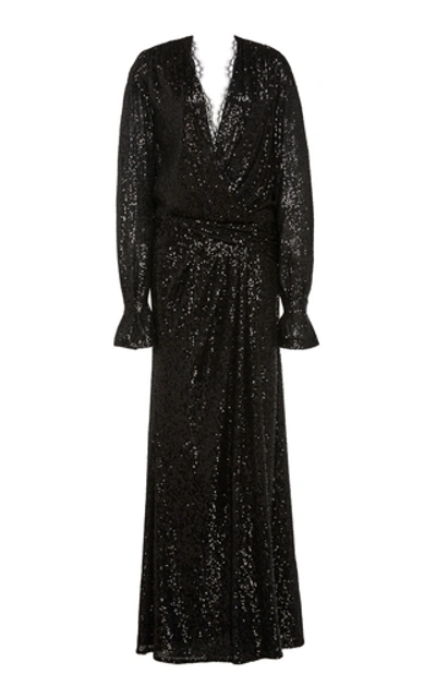 Shop Jonathan Simkhai Sequin Embroidered Long Sleeve Draped Front Gown In Black