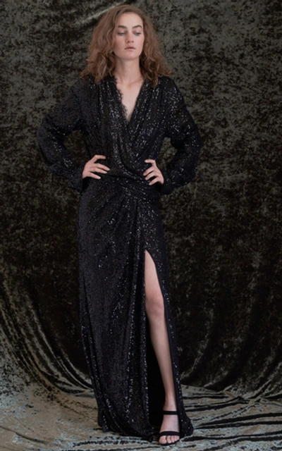 Shop Jonathan Simkhai Sequin Embroidered Long Sleeve Draped Front Gown In Black