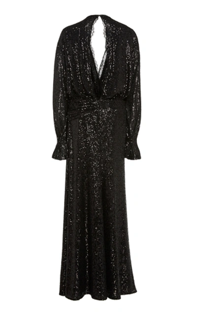 Shop Jonathan Simkhai Sequin Embroidered Long Sleeve Draped Front Gown In Black
