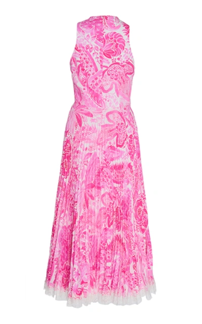 Shop Andrew Gn Paisley-print Plissé-silk Halterneck Midi Dress In Pink