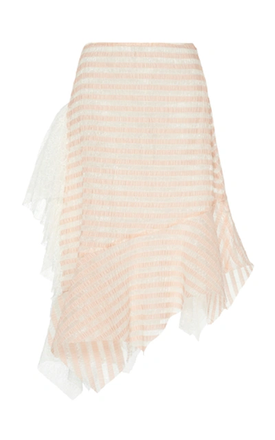 Shop Anais Jourden Asymmetric Striped Lace And Plissé Midi Skirt In Pink