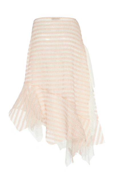 Shop Anais Jourden Asymmetric Striped Lace And Plissé Midi Skirt In Pink