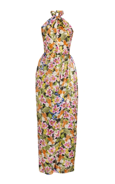 Shop Borgo De Nor Alyona Floral-print Silk-blend Halterneck Maxi Dress