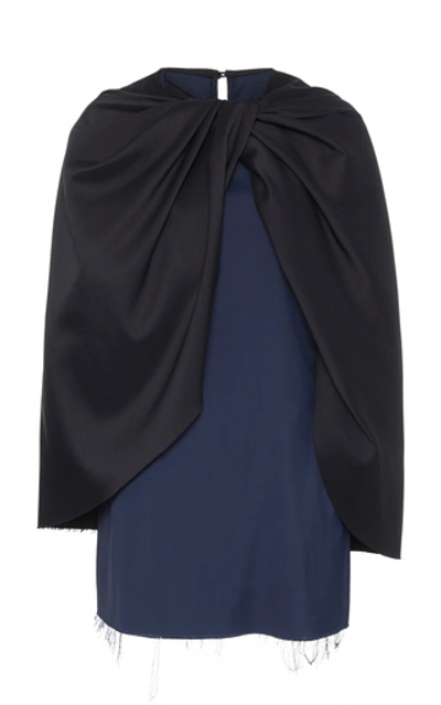 Shop Marina Moscone Ruched Cape-effect Satin Top In Navy