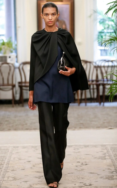 Shop Marina Moscone Ruched Cape-effect Satin Top In Navy