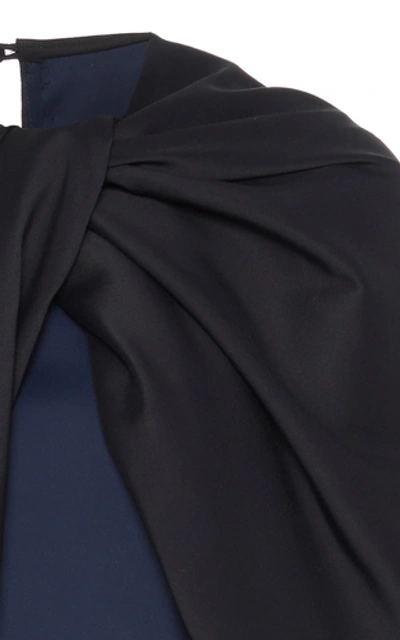 Shop Marina Moscone Ruched Cape-effect Satin Top In Navy