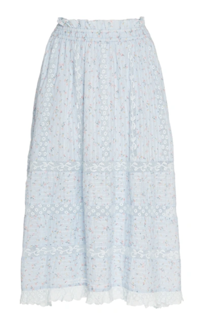 Shop Loveshackfancy Eponda Printed Cotton Midi Skirt In Blue