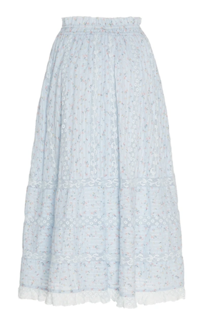 Shop Loveshackfancy Eponda Printed Cotton Midi Skirt In Blue