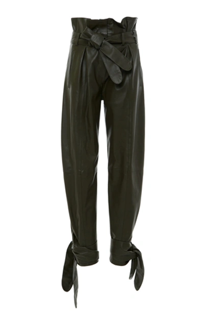 Shop Attico Belted Tie-detailed Leather Pants In Green