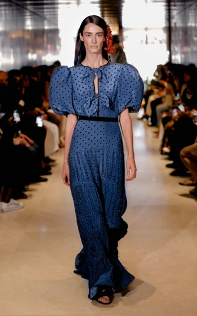 Johanna Ortiz Ancient Treasures Polka Dot Bow Plissé Puff-sleeve Maxi Dress In Navy