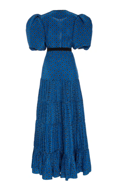 Johanna Ortiz Ancient Treasures Polka Dot Bow Plissé Puff-sleeve Maxi Dress In Navy