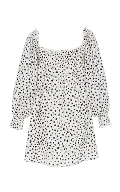 Shop Rixo London Bethany Printed Smocked Mini Dress In Black/white