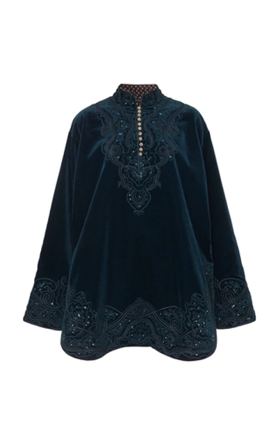 Shop Etro Button-embellished Embroidered Velvet Mini Dress In Blue