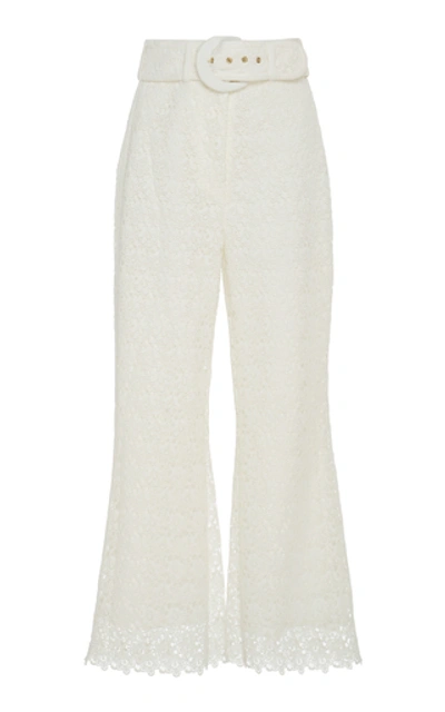 Shop Zimmermann Belted Cropped Cotton Lace Wide-leg Pants In White