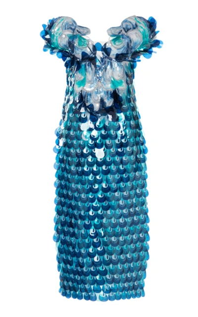 Shop Mary Katrantzou Sequined Organza Midi Dress In Blue