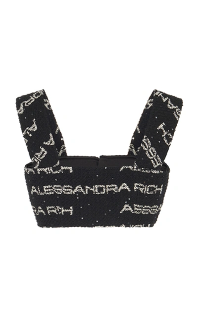 Shop Alessandra Rich Cropped Printed Cotton-tweed Top In Black