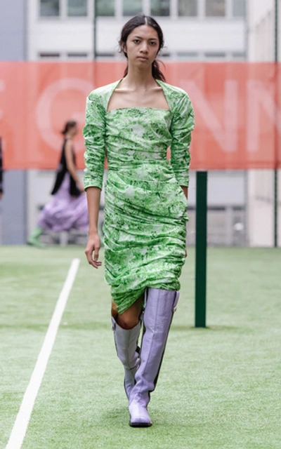 Shop Ganni Ruched Floral-print Cotton-poplin Midi Dress In Green