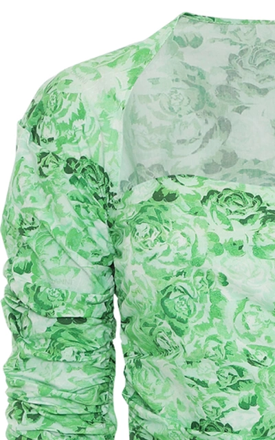 Shop Ganni Ruched Floral-print Cotton-poplin Midi Dress In Green