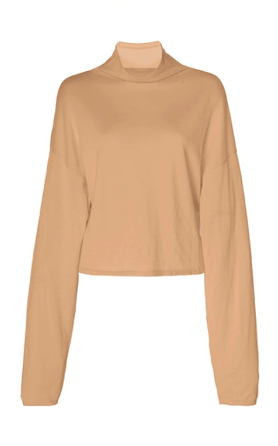 Shop Sally Lapointe Oversized Wool, Silk And Cashmere Cropped Mockneck Top In Brown