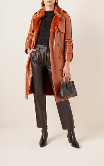 Shop Common Leisure The One Shearling-trimmed Patent Effect Trench Coat Siz In Brown