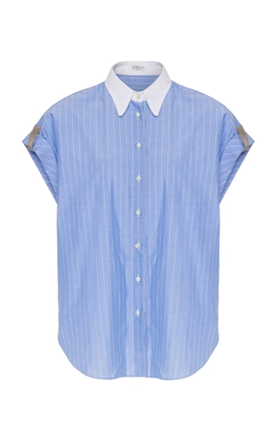 Shop Brunello Cucinelli Monili-tab Rolled Sleeve Striped Cotton Blouse In Blue