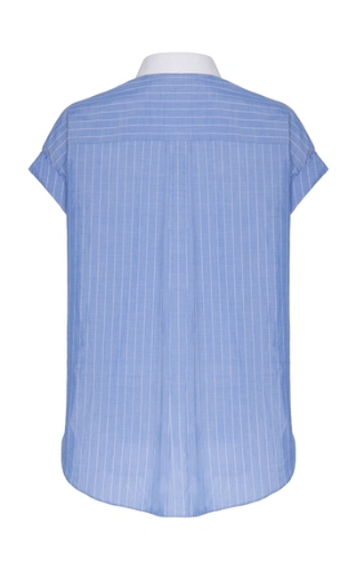 Shop Brunello Cucinelli Monili-tab Rolled Sleeve Striped Cotton Blouse In Blue