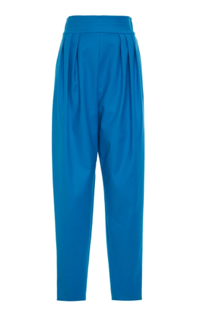 Shop Attico High-rise Pleated Cady Pants In Blue