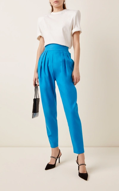 Shop Attico High-rise Pleated Cady Pants In Blue