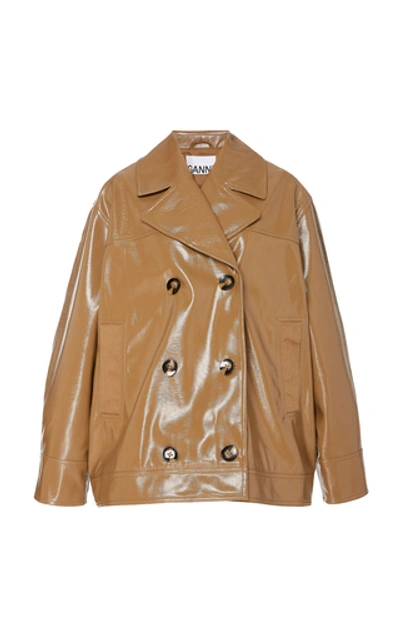 Shop Ganni Double-breasted Patent-leather Jacket In Neutral