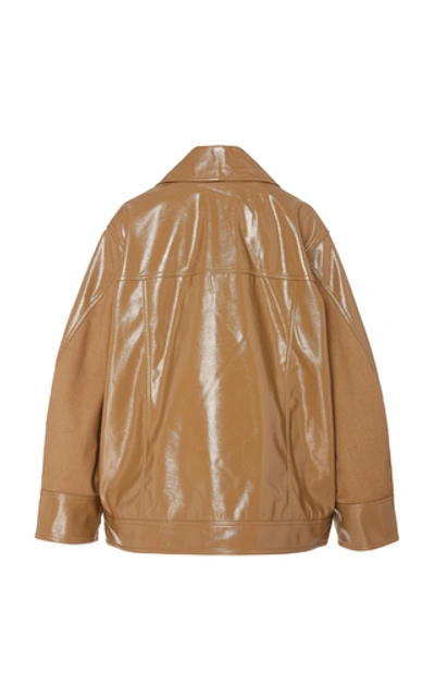 Shop Ganni Double-breasted Patent-leather Jacket In Neutral