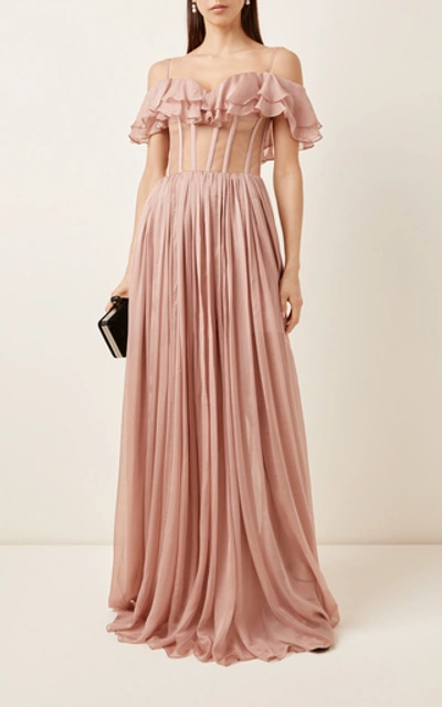 Shop Rasario Ruffled Cold-shoulder Silk-chiffon Bustier Gown In Pink