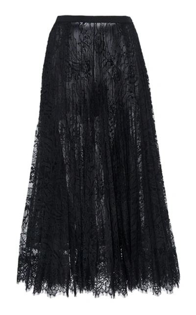 Shop Andrew Gn Pleated Chantilly Lace Midi Skirt In Black