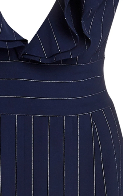 Shop Ralph Lauren Alandra Ruffled Pinstriped Wool Jumpsuit In Navy