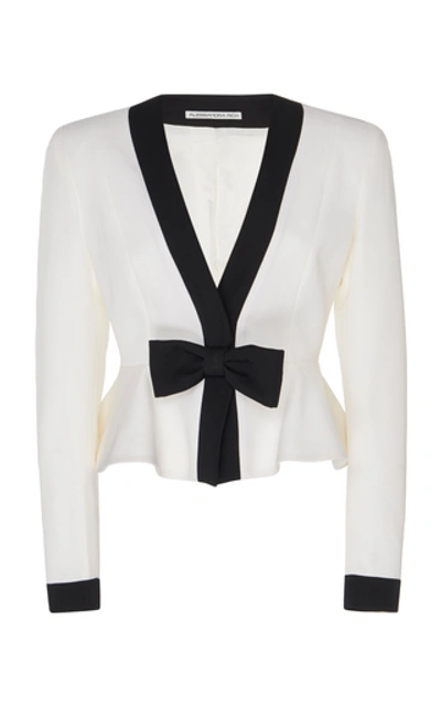 Shop Alessandra Rich Bow-embellished Two-tone Peplum Wool Jacket In White