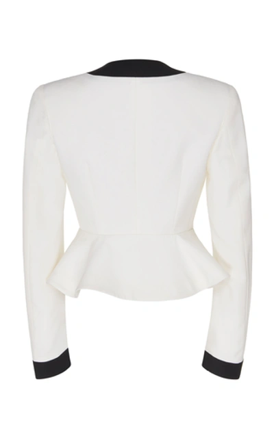 Shop Alessandra Rich Bow-embellished Two-tone Peplum Wool Jacket In White