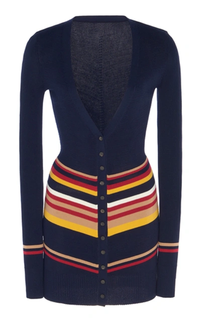 Shop Victoria Beckham Striped Stretch Cotton-blend Cardigan In Navy