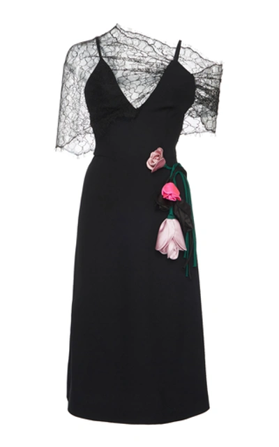 Shop Prada One-shoulder Lace V-neck Floral Appliqué Midi Dress In Black