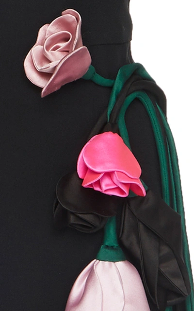 Shop Prada One-shoulder Lace V-neck Floral Appliqué Midi Dress In Black
