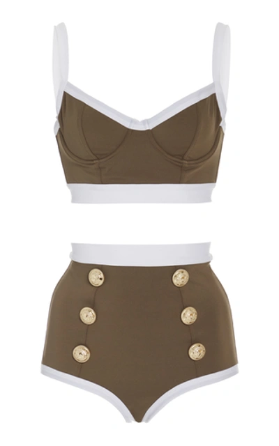 Shop Balmain Two-piece High-waist Swimsuit In Green