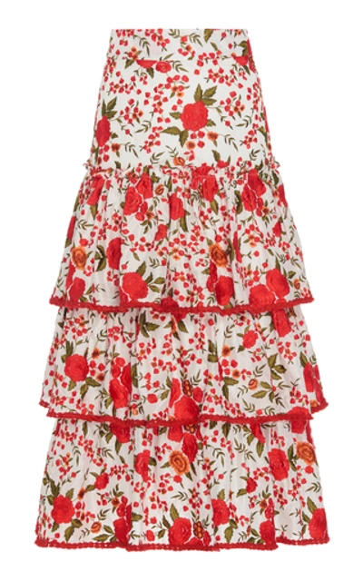 Shop Alexis Doretta Floral Tiered Midi Skirt In Red