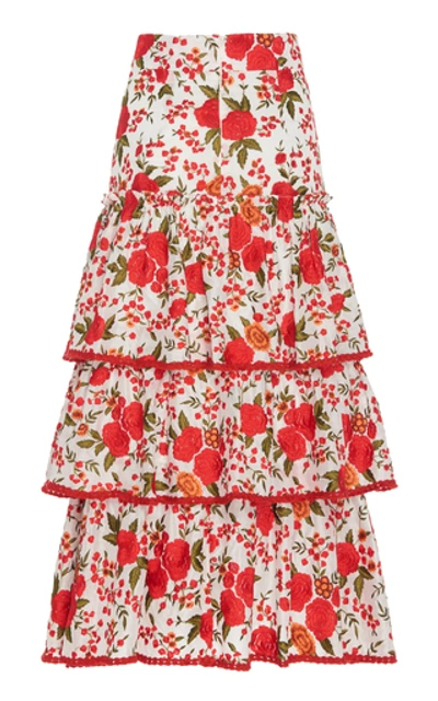 Shop Alexis Doretta Floral Tiered Midi Skirt In Red