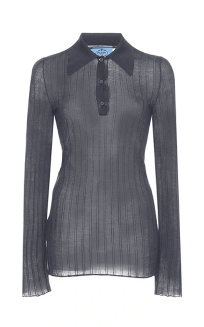 Shop Prada Ribbed Knit Cashmere Silk Top In Dark Grey