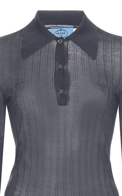 Shop Prada Ribbed Knit Cashmere Silk Top In Dark Grey